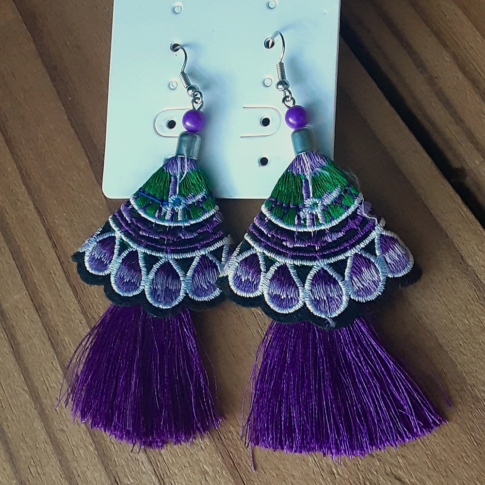 Purple embroidered earrings